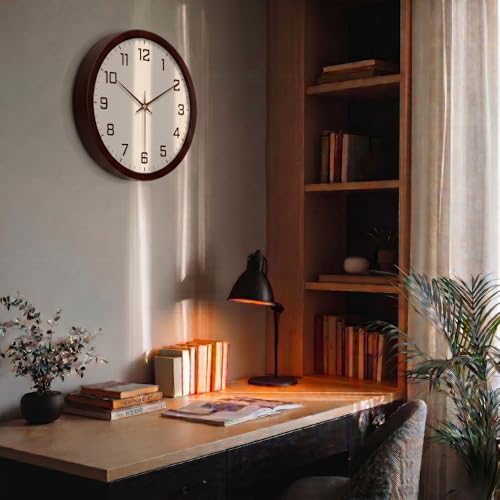 Image of STAR WORK Silent Non-Ticking Wall Clock 12 inch Inch Analog Clock & LCD Display | Calendar Date, Day, Temperature, Operated Decorative Clock for Living Room, Kitchen, Bedroom,Office (White Brown)
