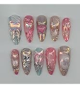 Medium Almond Press on Nails YEFIUO Silver Glitter Nail Tips Kit Fake Nails Press ons Purple Fren...