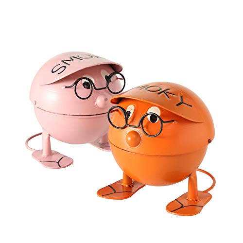 Metall Aschenbecher 2er Set farblich sortiert Ascher Windascher Sturmaschenbecher Kugelgrill Design rosa und orange 16x16x14cm Brillen Männchen mit