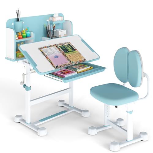 Maxmass Kids Table and Chair Set, Height Adjustable Children Desk and Chair with Tilt Desktop, Drawer, Storage Shelves, Pen Slot, Student Learning Studying Table for Writing Reading Drawing (Blue)