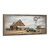 Farmhouse Barn Wood Wall Art: Framed Rustic Farm House Windmill Retro Truck Countryside Old Car Landscape Prints Picture Decor for Bedroom Bathroom Home Office 24" x 12"