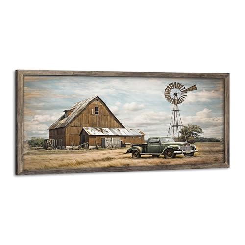 Farmhouse Barn Wood Wall Art: Framed Rustic Farm House Windmill Retro Truck Countryside Old Car Landscape Prints Picture Decor for Bedroom Bathroom Home Office 24" x 12"
