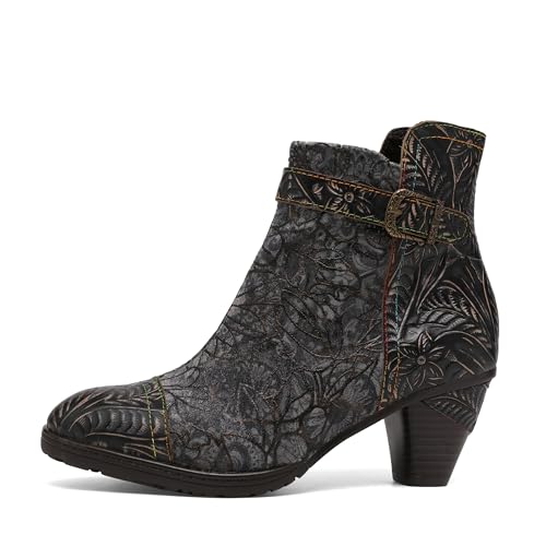 CrazycatZ Womens Leather Ankle Boots, Vintage Block Heels Floral Bohemian Bootie3