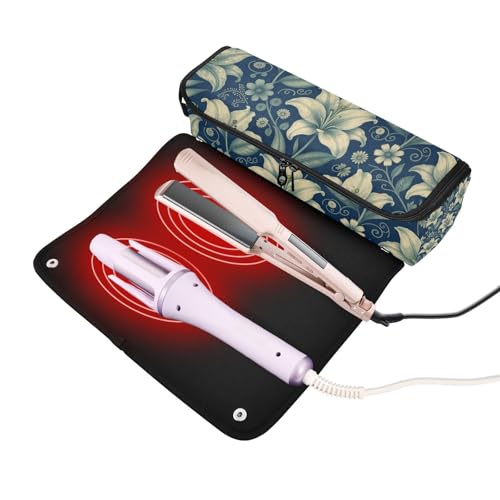 Funda de viaje 2 en 1 para rizador con tapete resistente al calor impermeable para planchas de pelo diseño floral Lily William Morris organizador de accesorios para el cabello miniatura 2