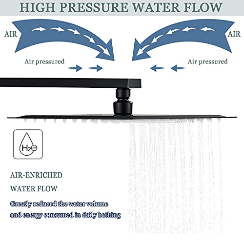Suguword High Pressure Shower Head 16 Inch Large Rain Square Shower Heads Ultra Thin Rainfall Showerhead 304 Stainless Steel Bath Shower Powerful Full Body Coverage with Silicone Nozzle Black
