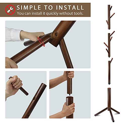 Azaeahom Coat Rack Freestanding With 8 Hooks 3 Adjustable Height Coat Racks Stand Clothing Hanger Stand Wooden Coat Tree Easy Assembly For Entryway, Bedroom, Hallway, Dormitory,Office Cherry #TOP3