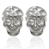 Shiny Silver Skeleton Skull Head Halloween Earring Post Studs with Crystal