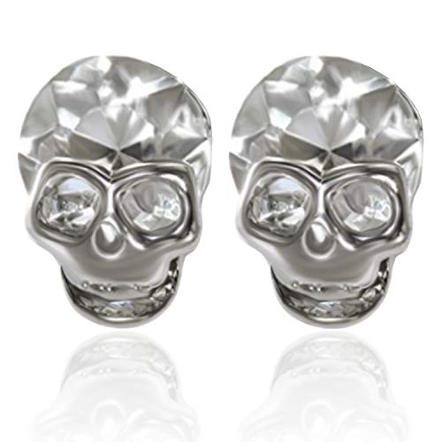 Shiny Silver Skeleton Skull Head Halloween Earring Post Studs with Crystal