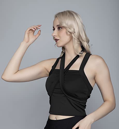 Image of A1728 Women's Basic Solid Halter Neck X Back Crop Top for Women Stylish Western