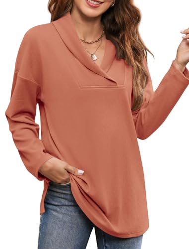 Image of Women's Long Sleeve Tops Fall Shawl Neck Tunic Tops for Leggings Casual Blouse Sweatshirt