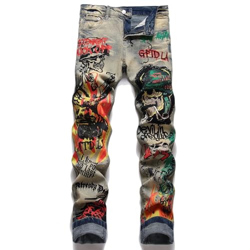 Mens Casual Jeans Hip Hop Trousers Stretch Skinny Jeans Men Slim Fit Denim Pants Printed Pants Jogger Pants