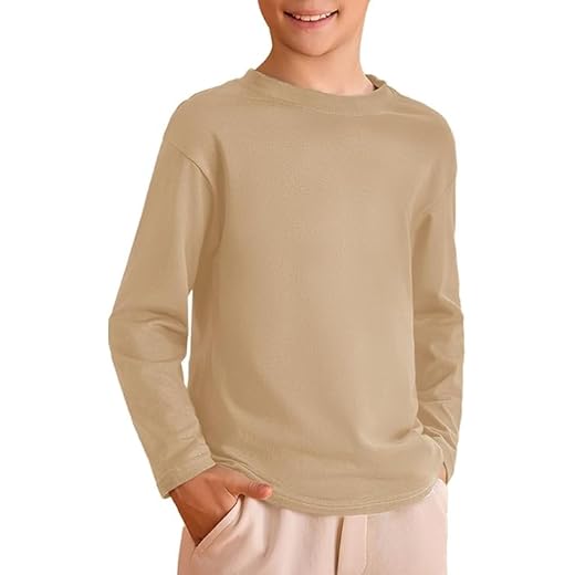 Haloumoning T-shirt à manches longues pour garçon - Col rond - Couleur unie - Basique - Pour les loisirs et le sport, kaki, 9-10 ans