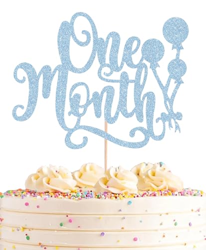 AHAORAY One Month Cake Topper - Light Blue Glitter New Born Welcome Baby Cake Decorations Supplies, for Baby Shower/Gender Reveal Party Photo Booth Props