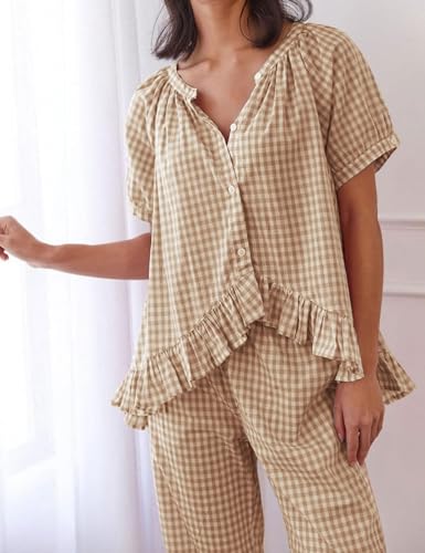 Flygo Womens Plaid 2 Piece Pajamas Sets Gingham Button Down Puff Sleeve Babydoll Shirt Ruffle Pants Y2K Pjs Lounge Set