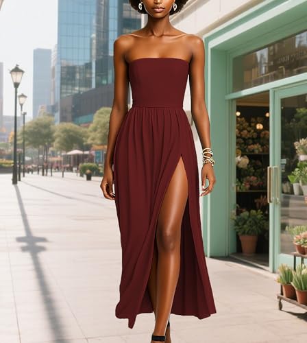 Women's Sexy Strapless Asymmetrical Ruffles High Split Bodycon Midi Dresses Elegant Black Ruched Cocktail Party Dress4