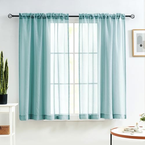 Image of MYSTIC-HOME Sheer Curtains 45 Inch Length, Rod Pocket Voile Drapes for Living Room, Bedroom, Window Treatments Semi Crinkle Curtain Panels for Yard, Patio, Villa, Set of 2, 52 inchx 45 inch, Grey Teal
