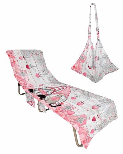 Pink Gnomes Valentines Beach Lounge Chair Towel Cover, Soft Chaise Lounge Towel with Side Pockets Patio Pool Chairs Cover for Beach/Pool Sunbathing 29x85 Grey Botanical Love Heart Retro