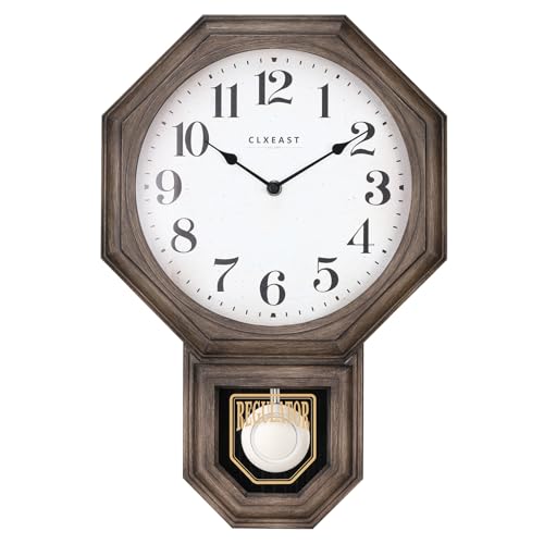 CLXEAST Pendulum Wall Clock, Large Schoolhouse Regulator Pendulum Wall Clocks for Living Room Decor,Dark Grey Oak Finished Plastic,House Warming Gifts New Home,12 W x 17.5 H