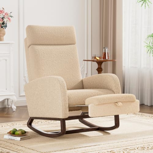 Image of Teddy Nursery Rocking Chair, High Back Glider with Footrest, Apricot