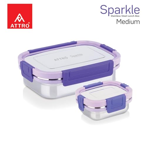 Image of ATTRO Sparkle Medium Stainless Steel Lunch Box 2-Piece Set - 800ml + 150ml - Leak-Proof, BPA-Free, Compact & Durable - Ideal for Kids, Office, Travel - Purple