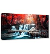 CXHOSTENT Waterfall Canvas Wall Art Red Forest Waterfall Pictures Print Autumn Nature Landscape P...