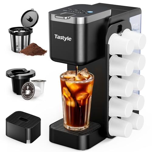 Image of Tastyle Hot & Iced Coffee Maker with Magnetic K-Pod Organizer (Pods Not Included), Stores 10 Pods, 4-5 Cups Coffee Maker & Single-serve Brewer for K Cup & Grounds, 40oz Removable Water Tank, Black