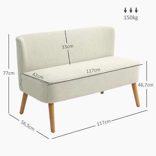 HOMCOM Sofa 2 Sitzer Couch, Kleine Loveseat mit Cord-Optik Modern Polstersofa für Wohnzimmer, Schlafzimmer, kleinen Raum, Cremeweiß 117 x 56,5 x 77 cm
