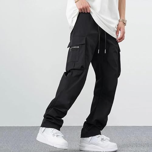 Mens Cargo Pants Relaxed Fit Streetwear Drawstring Elastic Waist Casual Straight Leg Trousers with Multi Pockets4