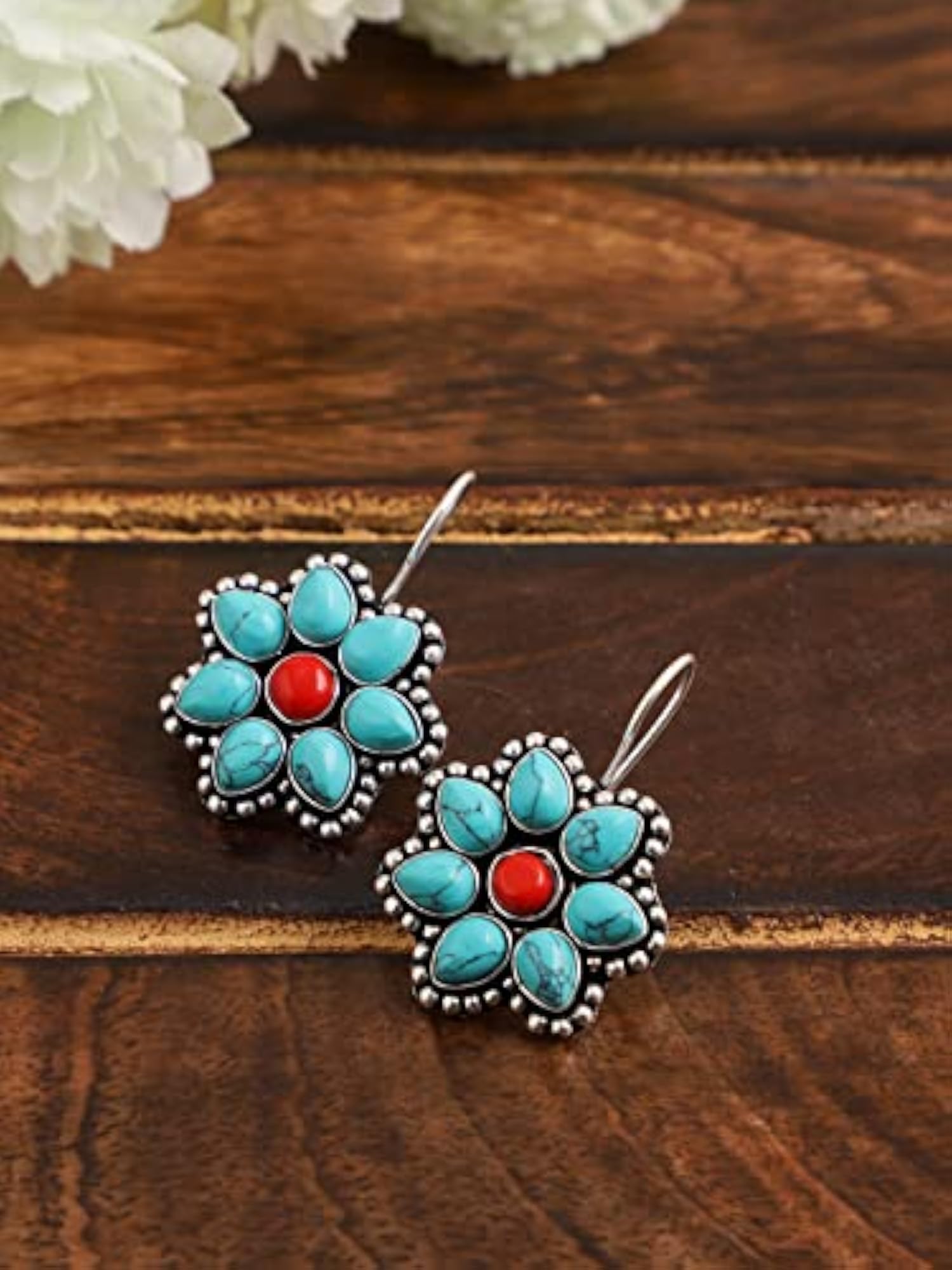 Oxidized Silver AD Turquoise Stone Fish Hook Earrings for Women