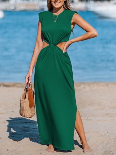 Image of CUPSHE Women's Summer Maxi Dresses Sleeveless Cutout Side Slit Long Casual Dress with Padded Shoulders