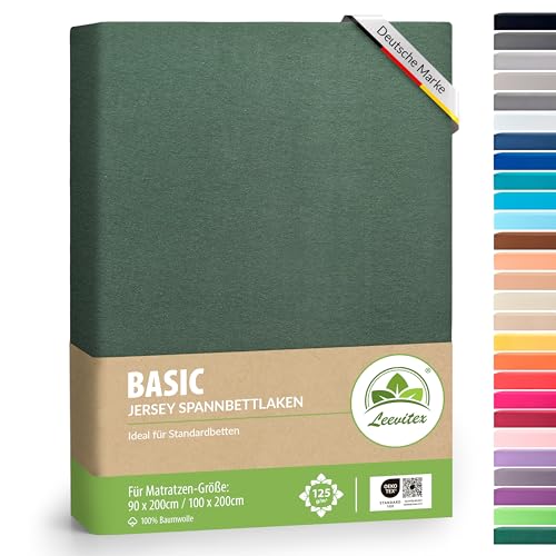 leevitex® Spannbettlaken 90x200cm - 100x200cm | Spannbetttuch Bettlaken | 100% Jersey Baumwolle | Matratzenhöhe bis 25 cm | Öko-tex | Dunkelgrün/Tannengrün