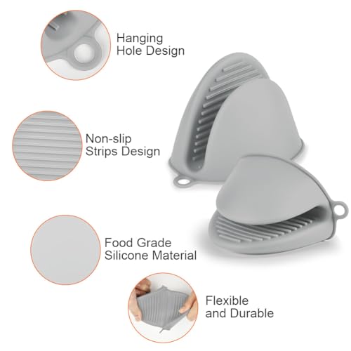 AUAUY 1 Pair Mini Silicone Oven Mitts, Heat Resistant Pot holders Mitts, Cute Oven Pinch Grip Gloves, Small Potholders for Kitchen, Air Fryer Mitts Pair for Cooking, Baking and Grilling (Light Gray)