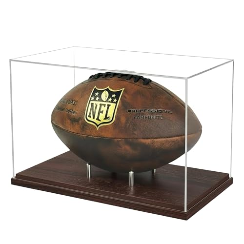 Happyseason Football Display Case Walnut Wood Base One-Piece Acrylic Stainless Steel Rods Clear Signed Football Holder Full Size Autograph Football Display Stand No Assembly Needed