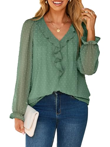 Simplee Womens Dressy Long Sleeve Blouse Casual V-Neck Ruffle Business Tops Chiffon Work Ladies Shirts 2025 Fall Trendy