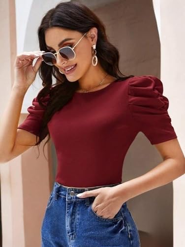 Image of POPWINGS Casual Solid Puff Short Sleeves Round Neck Top for Women |) Stylish Western Tops for Women || Summer Women Top