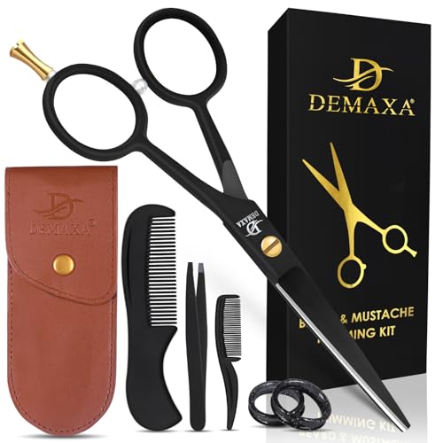 Image of DEMAXA 5 inch Professional Mustache Scissors Beard Scissors for Men with Fine tip Tweezers 1 Mustache Comb 1 Beard Comb & Pouch - Beard Trimming kit & Mustache Kit (Black Shears With Tweezer)