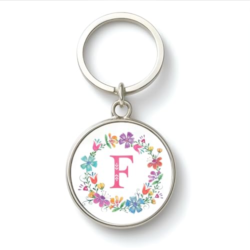 magical gifts MG | Premium Alphabet & Initial Metal Keychain for Bags & Keys | Double-Sided | Personalized Initial Charm Keyring | Heavy-Duty Metal | Perfect for Gifting & Daily Use (Pink Flowers, F)