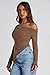 PRETTYGARDEN Women's Spring Long Sleeve Y2K Crop Top Trendy Off Shoulder Asymmetrical Fitted Knit Tee Shirts Going Out Tops (Brown,Medium)