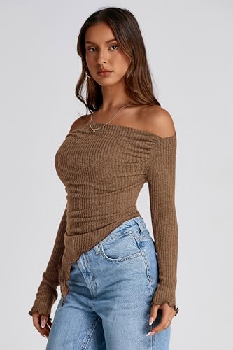 PRETTYGARDEN Women's Spring Long Sleeve Y2K Crop Top Trendy Off Shoulder Asymmetrical Fitted Knit Tee Shirts Going Out Tops4