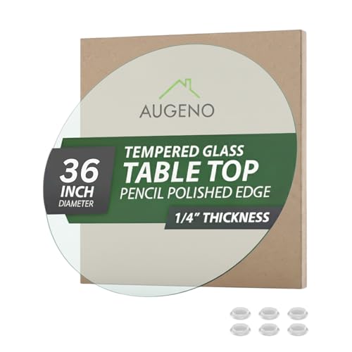Augeno 36 inch Round 1-4 Thick Pencil Polished Edge Glass Table Top with 6 Bumpers - Tempered, Scratch Resistant & Safety Replacement Glass Designed for Dining, Coffee, Patio & End Tables