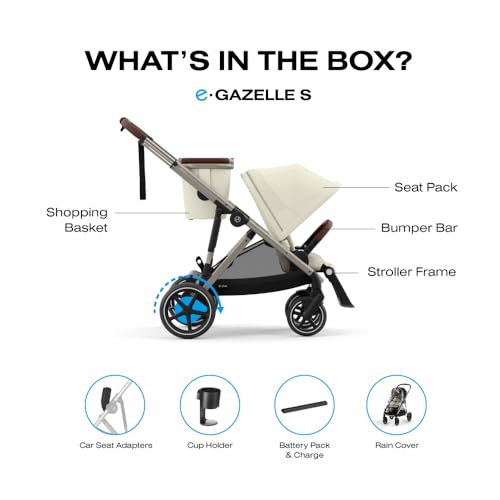 Image of Cybex e-Gazelle S Electronic Assist Stroller - Gazelle S Single-to-Double Electric Stroller, Smart Assist, Rocking Mode, 20+ Configurations & Compact Fold, Seashell Beige with Taupe Frame