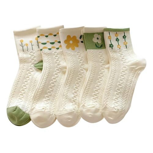 Image of 4 /5 Pack Cute Womens Floral Socks, Cotton Vintage Embroidered Casual Crew Socks, Girly Cottagecore Tulip Dress Socks