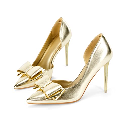 Image of Womens Bow Heels Closed Pointed Toe Dress Shoes Stiletto Slip on Wedding Pumps