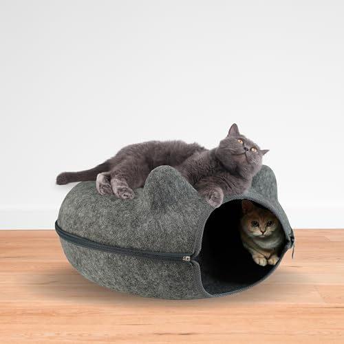 FRESH WHISKER Cat Tunnel Cave Bed with Ears, Peekaboo Donut Shaped Pet Bed (Dark Gray)