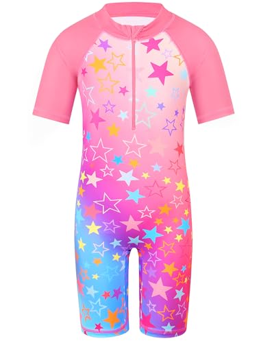 HUAANIUE Long Swimsuit Girls Swimming 1pcs Swimwear UPF 50+ UV Sunsuit with Zipper 4-12Y Summer Swimming Sportswear(PinkStars,4A)