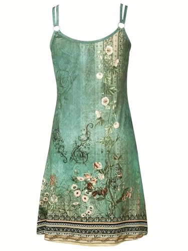 Image of LANMERTREE Women's Live Simple Coconut Tree Color Block Mini Dress Spaghetti Strap Halter Strap Sleeveless Mini Dress with Pockets(Green,S), Small