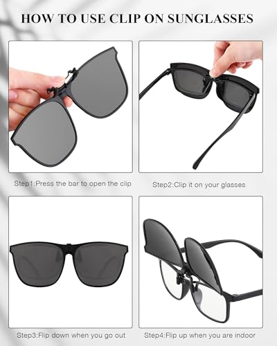 Frienda 3 Pair Oversize Polarized Clip-on Sunglasses Large Anti-glare TR90 Frame Flip up Driving Glasses for Women Men4