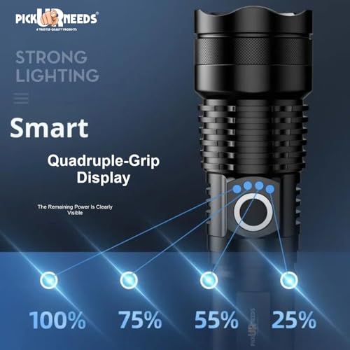 Image of Pick Ur Needs 100w High Power Rechargeable LED Flashlight Torch Zoomable Focus 5 Lighting Modes Type-C Fast Charging Long-Range Torch for Outdoor, Camping & Emergency (Black)