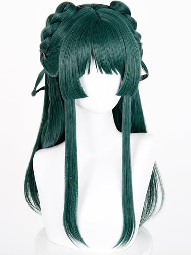 Image of Half and Half Maomao Cosplay Wig + Braid Hair Clips, 22.8'' Long Straight Dark Green Anime Wigs with Bangs for Women Halloween Party Daily