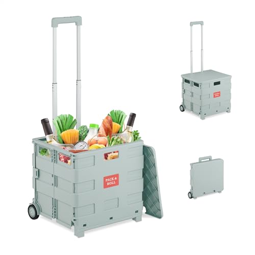Relaxdays Einkaufstrolley, klappbar, Einkaufskorb mit Rollen, mit Deckel & Teleskopgriff, bis 35 kg, Rollkiste, grau